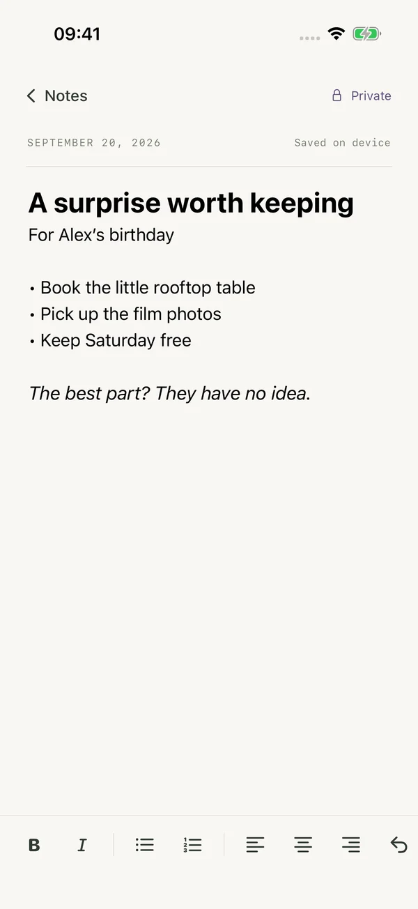 A real Notig note editor with bold, italic, lists, and alignment controls